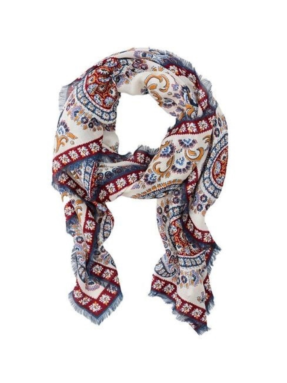 J. McLaughlin Paisley Fringe Scarf - Cream, Red & Blue